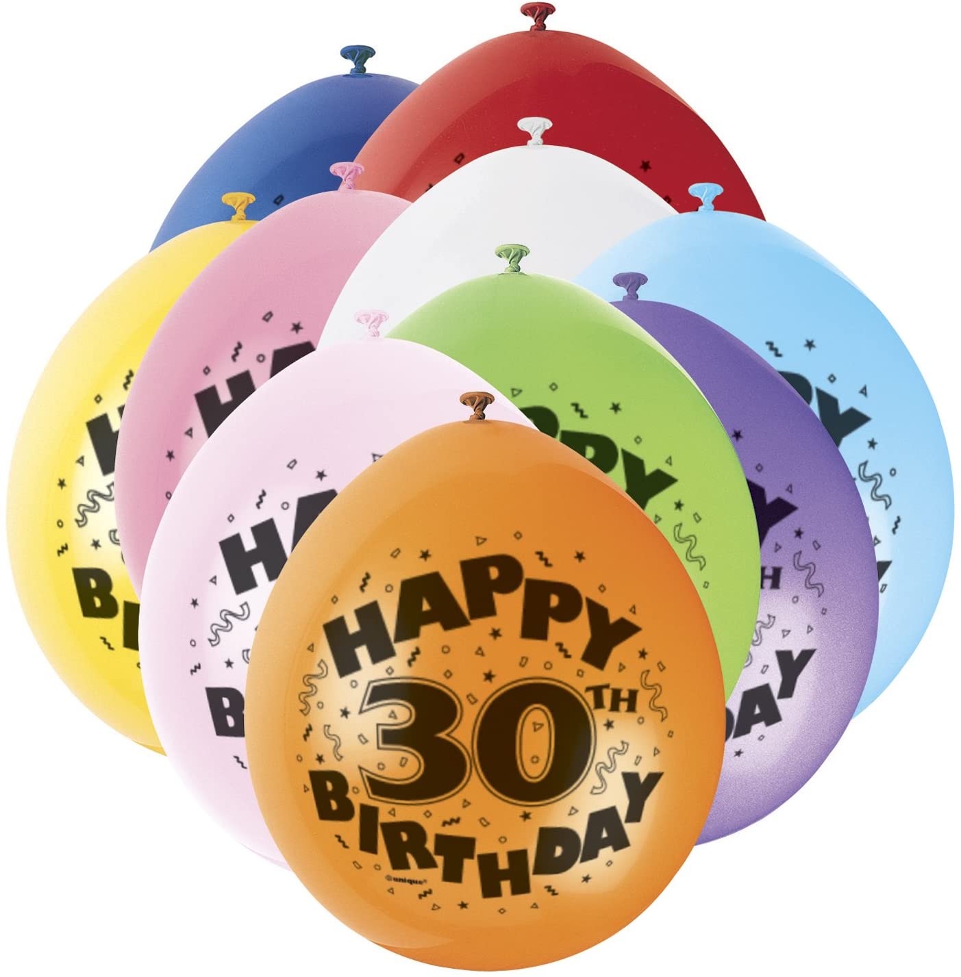 Unique Party 80312 - 9" Latex Assorted Happy 30th Birthday Balloons, Pack of 10, Age 30