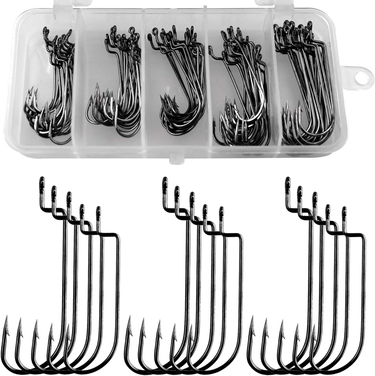 THKFISH 50pcs/Box Fishing Offset Worm Hooks EWG-Offset Fishing Hooks Round Bend Offset Worm Hooks Wide Gap Hooks With Barbed Shank #2#1 1/0 2/0 3/0 - Image 4