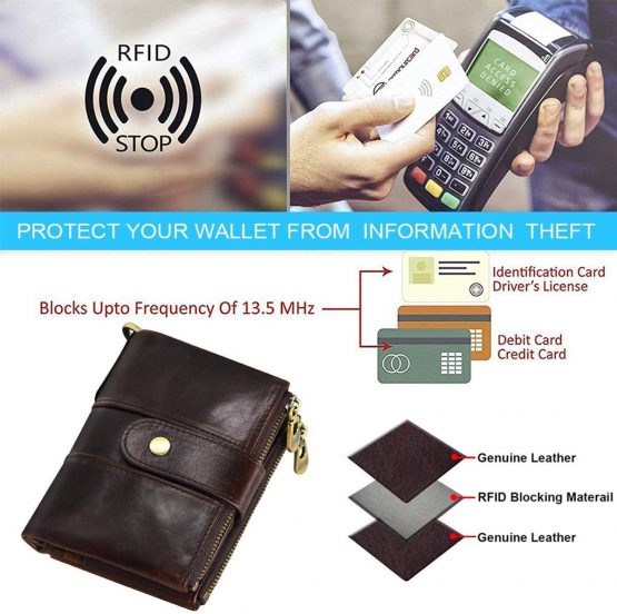 Mens Wallet RFID Blocking Soft Genuine Leather Gents Wallet with Chain, Double Zipper Men Leather Wallets with Coin Pocket Small Mens Bifold Wallets 16 Card Holder (Coffee) - Image 4