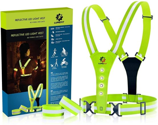 LUMEFIT High Visibility Vest Reflective Running Vests with Armbands High-Vis for Safety of Kids, Women, Men, Children, Adjustable Gear, 8 Bright LED for Day and Night Car, Bike, Cycling etc