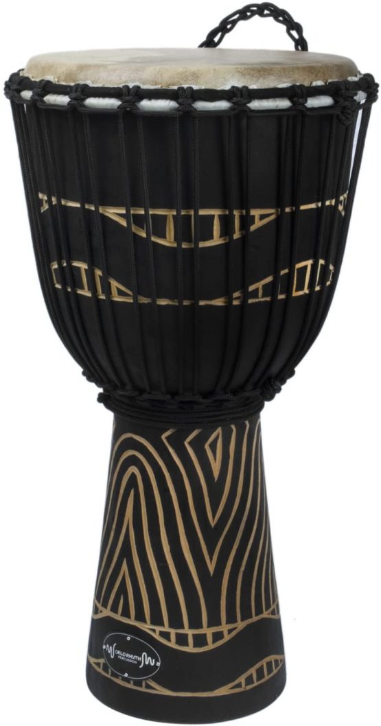 World Rhythm 11” Djembe Drum –Wooden Mahogany African Hand Drum – Swirl Black