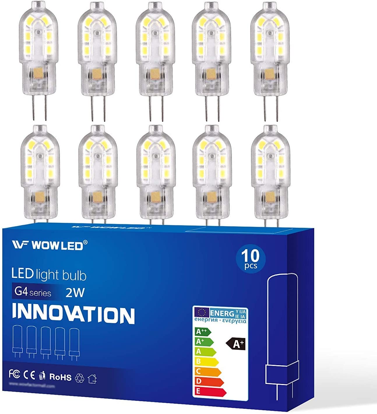 WOWLED 10 x G4 LED Light Bulb, 2W (20W Equivalent), Non-Dimmable, Cool White, DC/AC 12V, 360 Degree Ideal as Chandelier Bulbs