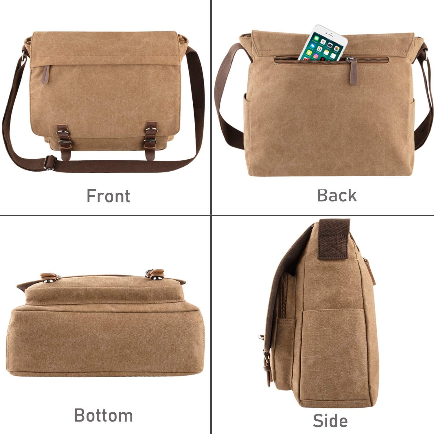 AIZBO Men's Canvas Shoulder Messenger Bag, Crossbody Day Bag 15 Inches Laptop Bag Satchel Bag for work(Brown) - Image 2