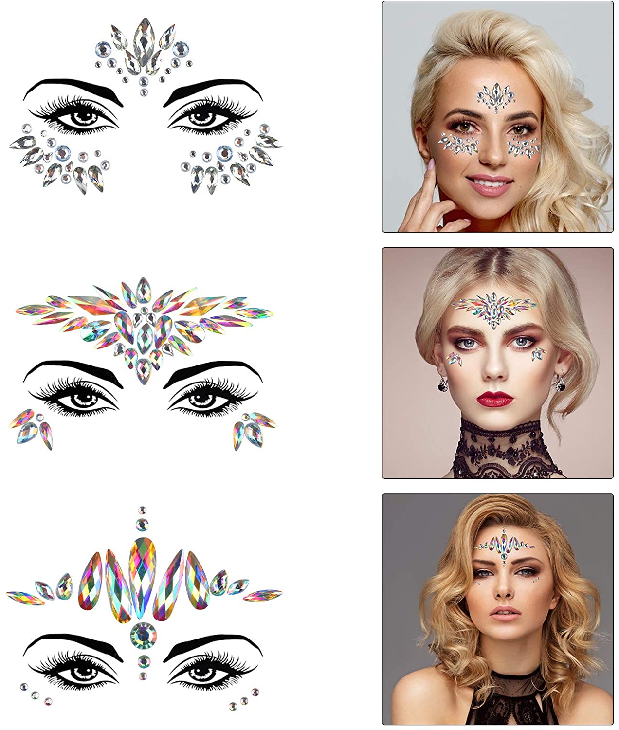 KATOOM 9 Pack Face Gems Elf Rhinestones Stickers Fairy Make-up Temporary Tattoo Glitter Mermaid Face Jewels Eyebrow Body Sticker for Carnival Party Music Festival Dress-up - Image 3