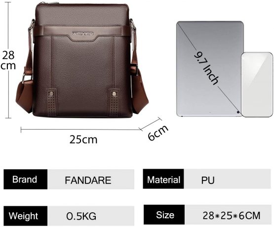 FANDARE Men's Shoulder Bag Messenger Crossbody Satchel Office Work Bag Fits iPad 9.7 inch Tablets Waterproof Travel Bookbag Brown - Image 3