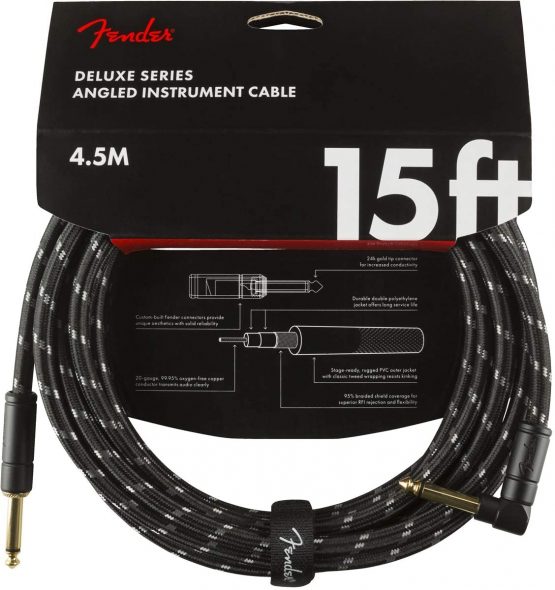 Fender 990820085 Deluxe Series Instrument Cable - 15 ft – STR/ANG – Black Tweed, 4.5m