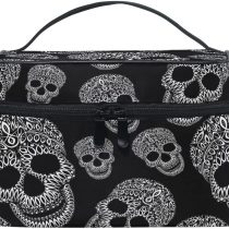 Makeup Bag, Skull Print Cosmetic Toiletry Storage Organiser Case Large Travel Handle Personalised Pouch with Compartments for Teenage Girls Women Lady Black