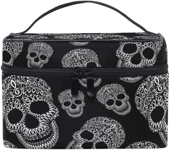 Makeup Bag, Skull Print Cosmetic Toiletry Storage Organiser Case Large Travel Handle Personalised Pouch with Compartments for Teenage Girls Women Lady Black