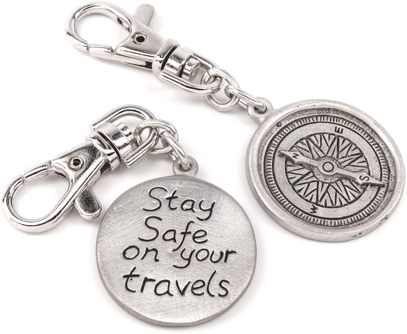 Travel Clip on Compass Design Metal Bag Charm with Stay Safe on Your Travels Message, Silver Grey