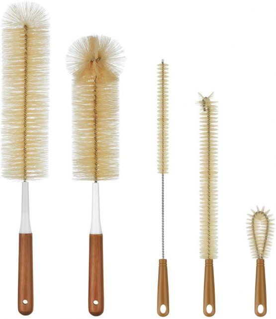 ALINK 5-Pack Bottle Brush Cleaner Set - Long Bamboo Handle Water Bottle Straw Cleaning Brush for Washing Narrow Neck Beer Wine Decanter, Baby/Sports Bottle, Kombucha,Thermos, Contigo, HydroFlask