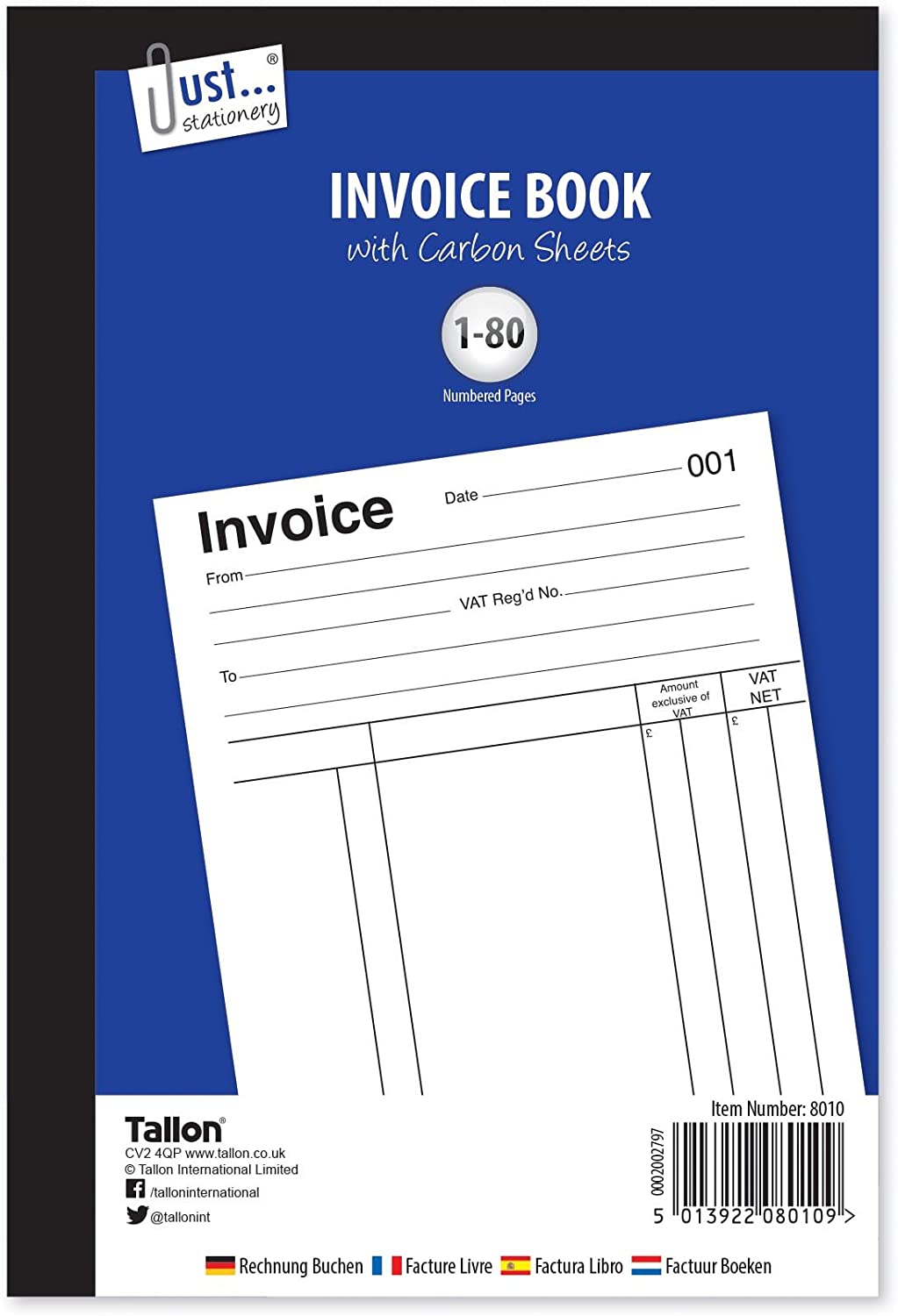 Just-Stationery Full Size Invoice Book 80 Pages, White, 20 x 13mm