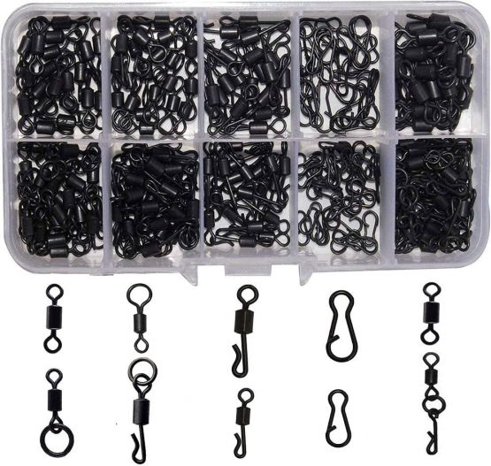 OROOTL Carp Fishing Accessories, 200pcs/Box Matte Black Fishing Clips Quick Change Clips Fishing Swivels Snap Carp Rigging Clips Fishing Terminal Tackle