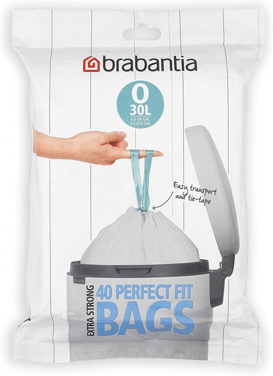 Brabantia PerfectFit Bin Liners (Size O/30 Litre) High Quality Thick Plastic Trash Bags with Tie Tape Drawstring Handles (40 Bags)