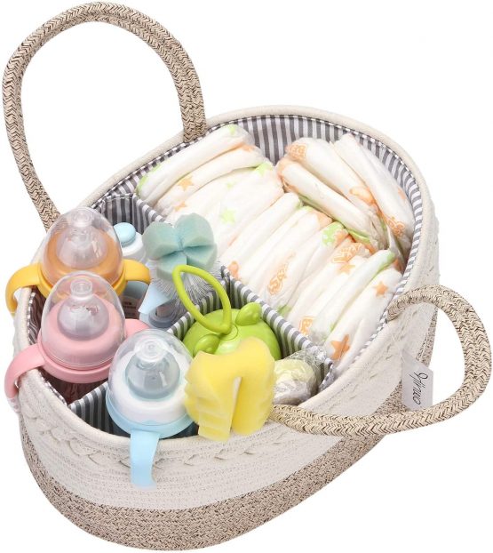 Hinwo Baby Diaper Caddy 3-Compartment Infant Nursery Tote Storage Bin Portable Car Organizer Newborn Shower Gift Basket Cotton Rope with Detachable Divider for Diapers & Wipes - Image 3