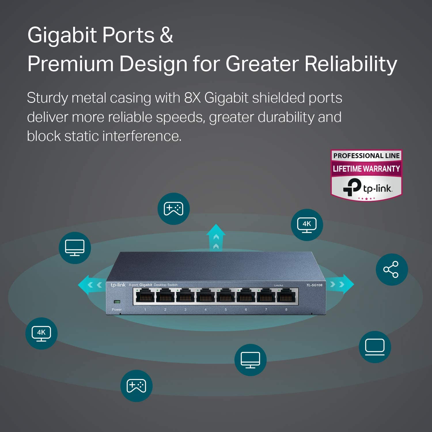TP-Link TL-SG108 8-Port Gigabit Ethernet Switch, 10-100-1000 Mbps Network Switch, Green Ethernet Technology, Supports QoS - Image 2