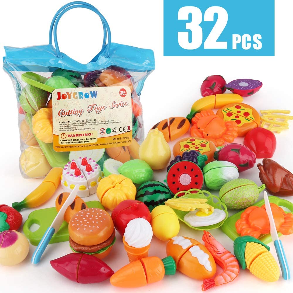 JoyGrow 32PCS Cutting Toys Play Food Fruits Vegetable Kitchen Playset Educational Learning Toy Boy Girl Kid with Handbag Packing (Blue)