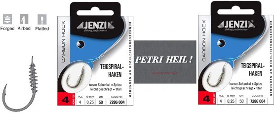 i Set: 2 packs of dough spiral hooks, trout hooks, dough hooks tied (8 pieces) hook size 4 + free Petri Heill! Sticker.