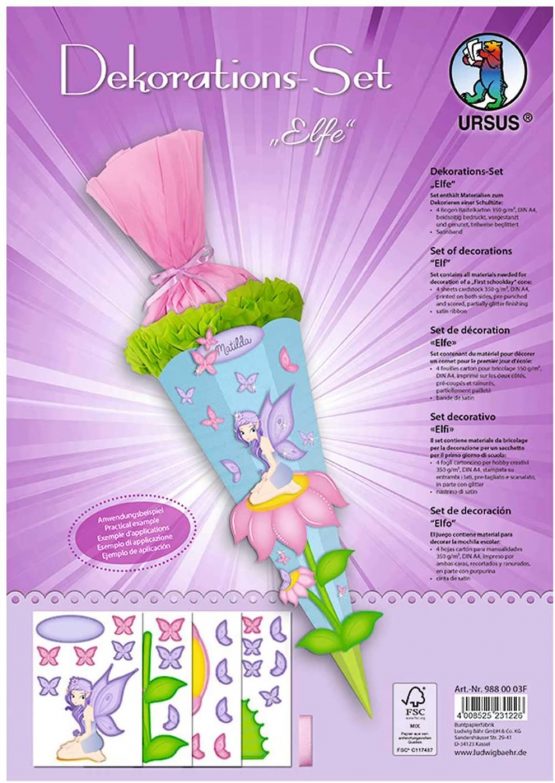 Ursus 9880003F Decorative Set Elf 4 Sheets Craft Card DIN A4 Printed on Both Sides Pre-Cut Grooved for Decorating a School Cone Partially Finished with Satin Ribbon Colourful