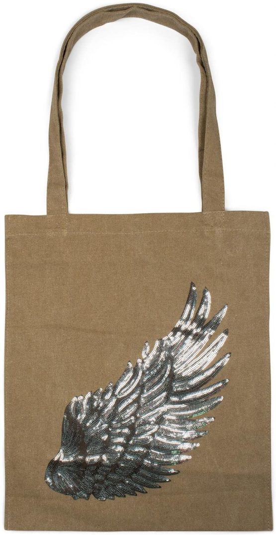 styleBREAKER Shopping Bag with Sequin Wing Applique, Tote Bag, Canvas, Fabric Bag. Bag, Unisex 02012213, Color:Olive