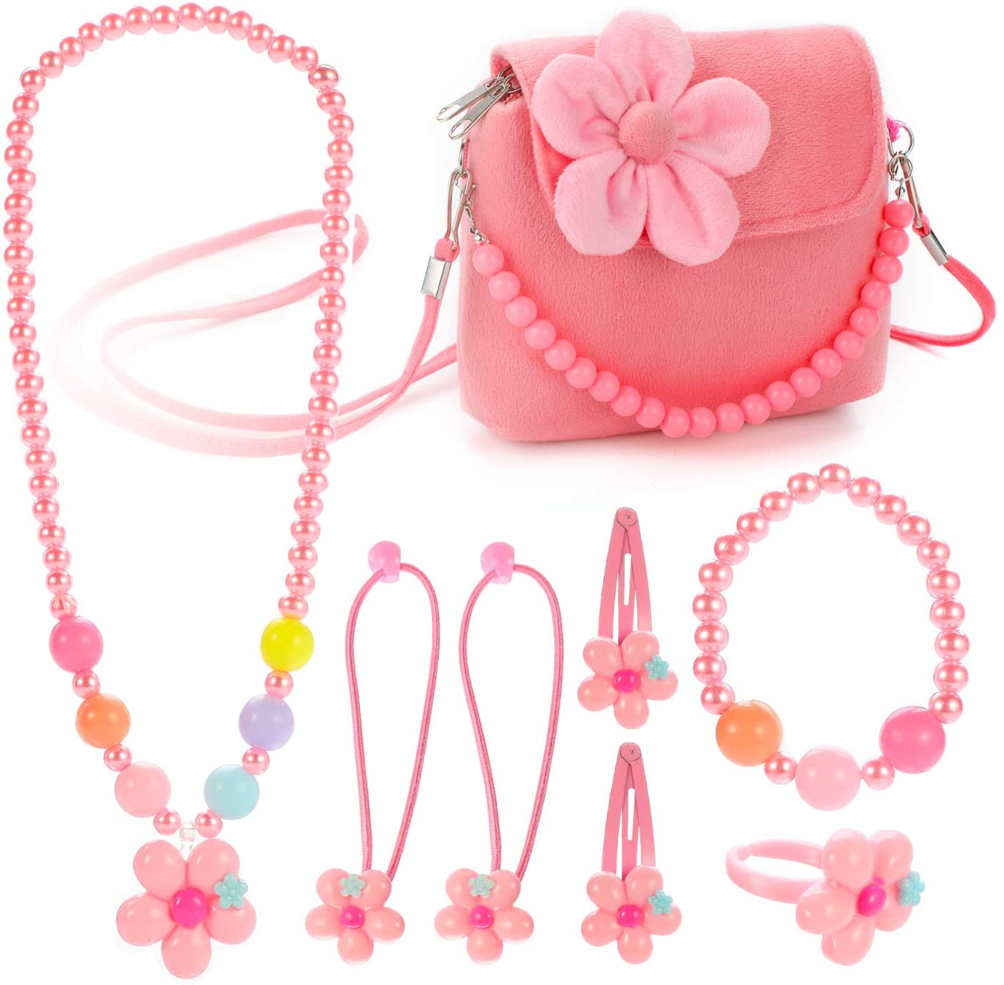 Hifot Kids Jewelry Little Girls Plush Handbag Necklace Bracelet Ring Hair Clips Set