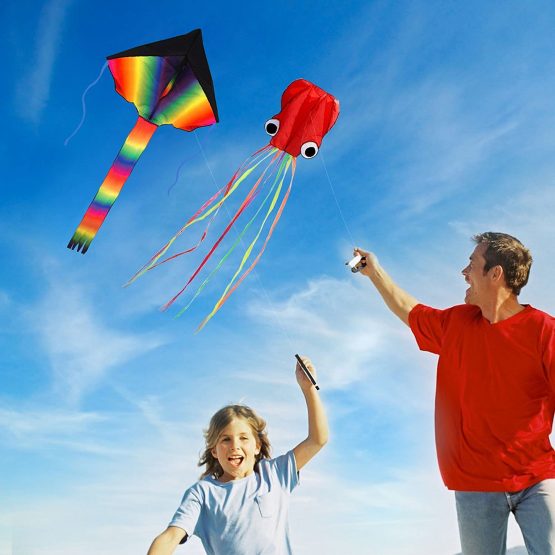 ZoomSky 2 Pack Kites - Large Rainbow Delta Kite and Red Mollusc Octopus with Long Colorful Tail for Children Outdoor Game,Activities,Beach Trip - Image 2