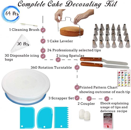 RFAQK 65 PCs Cake Decorating Kit Set with Cake Turntable-Cake leveler-24 Numbered Piping Tips with Pattern Chart & EBook- Straight & Offset Spatula-30 Icings Bags- 3 Icing Smoother Scraper Set… - Image 2