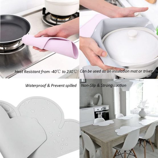 2 PCS Kids Placemats, YOCZOX Non Slip Silicone Cloud Tablemats, Heat Resistant Non-Stick Baby Feeding Plate, Portable Travel Dinner Placemat Kids Tableware for Toddlers, Kids, Infant - Grey - Image 3