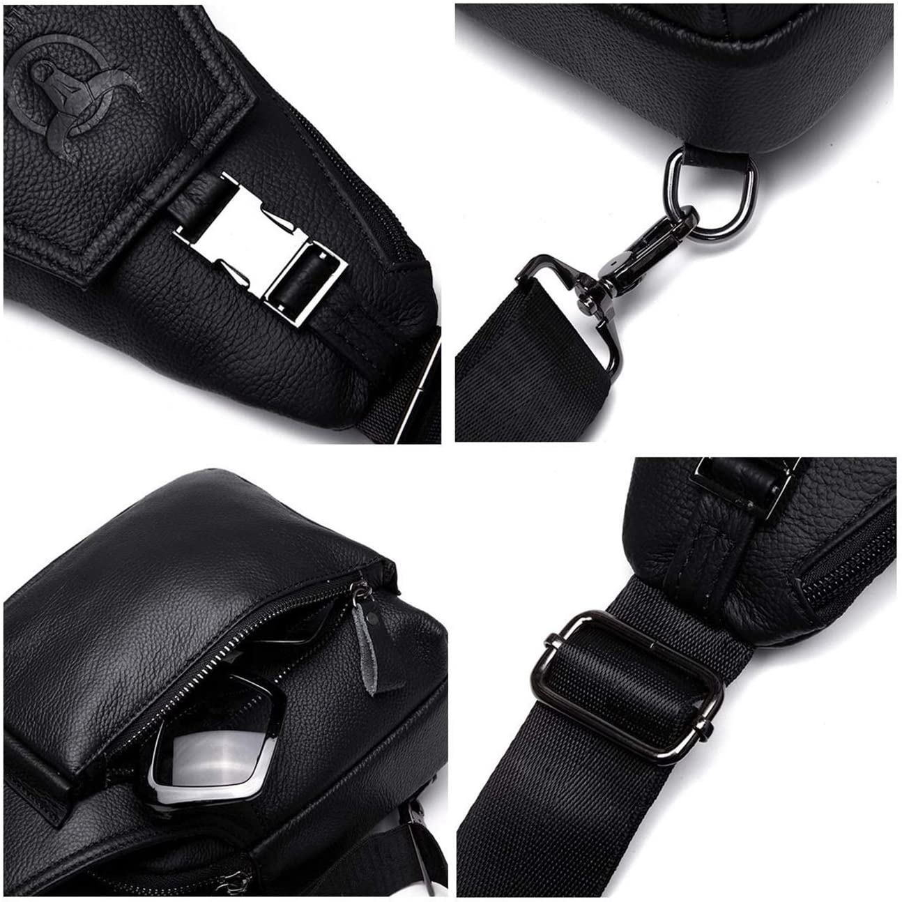 BULLCAPTAIN Men's Leather Chest Bag Shoulder Bags Shoulder Bags Crossbody Bags Sports Business Travel Black, Black, M - Image 4