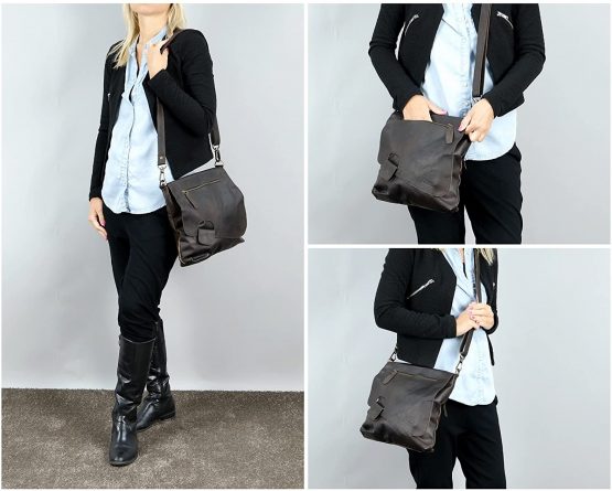 LECONI Shoulder Bag Genuine Cow Leather Used-Look Vintage Women + Men Handbag Leisure Cross-Body Handbag 29x29x6cm dark brown LE3027-wax - Image 3