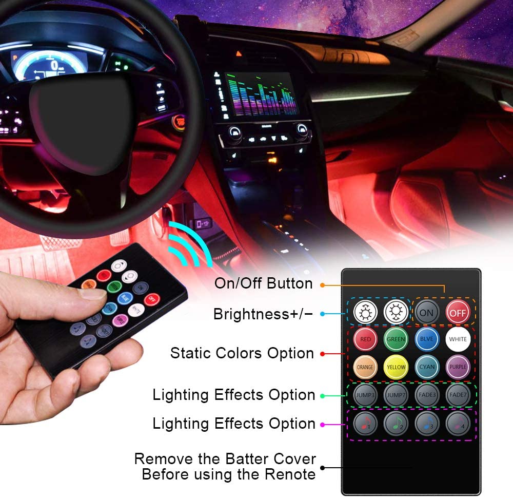 Interior Car Lights Trongle Car Strip LED Lights, Waterproof with 4pcs 48 LEDs 8 Colors with Sound Sensor and Remote Control - Image 4