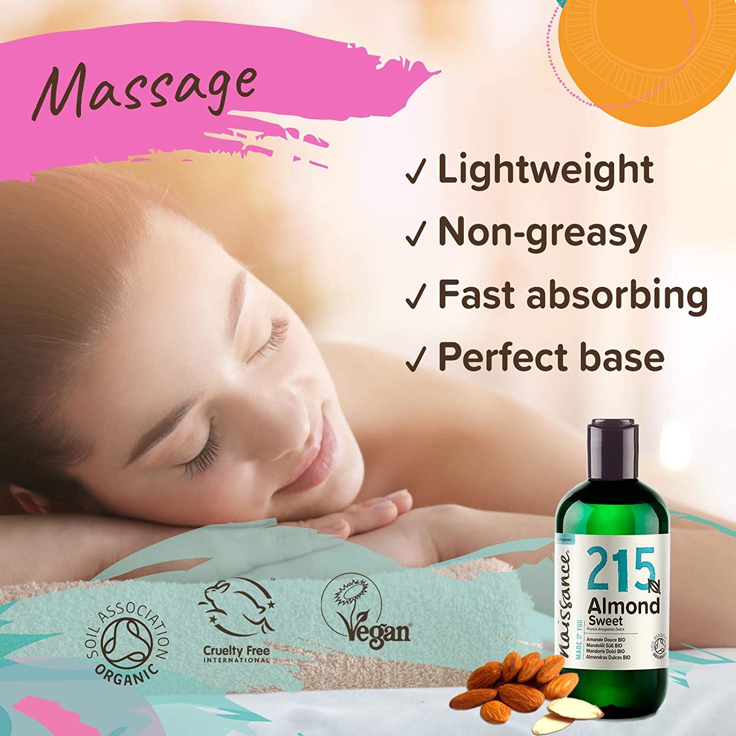Naissance Certified Organic Sweet Almond Oil (no. 215) 225ml, for Skin Hair, Massage, Nails, Ears, Face, Body, Stretch Marks - Image 3