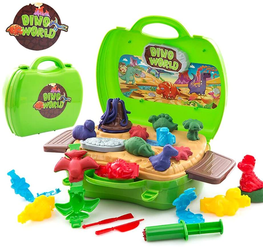Dear Deer Kids Play Color Dough Dinosaur Play Set 26 Pcs Pretend Play Toy Kit with Dough and Moulds in a Portable Case