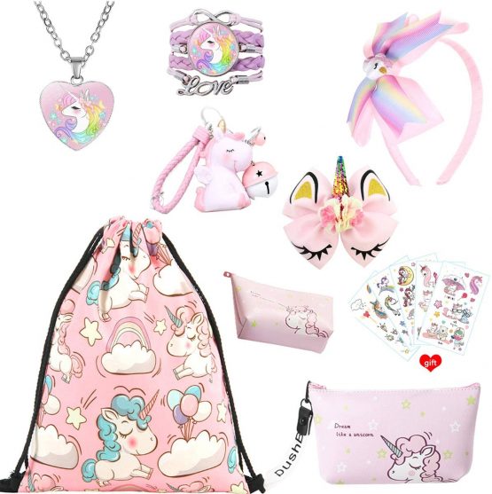 ZCOINS Unicorn Gifts for Girls, Pink Drawstring Bag Coin Purse Makeup Bag Necklace Bracelet Hair Accessories Bag Charms and Temporary Tattoos