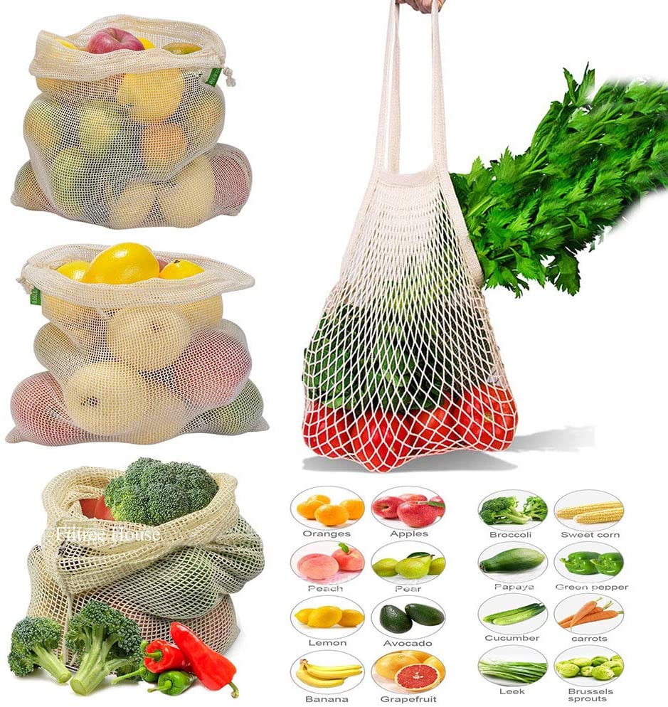 Reusable Produce Bags with Drawstring 4PCS Organic Mesh Cotton Storage ...