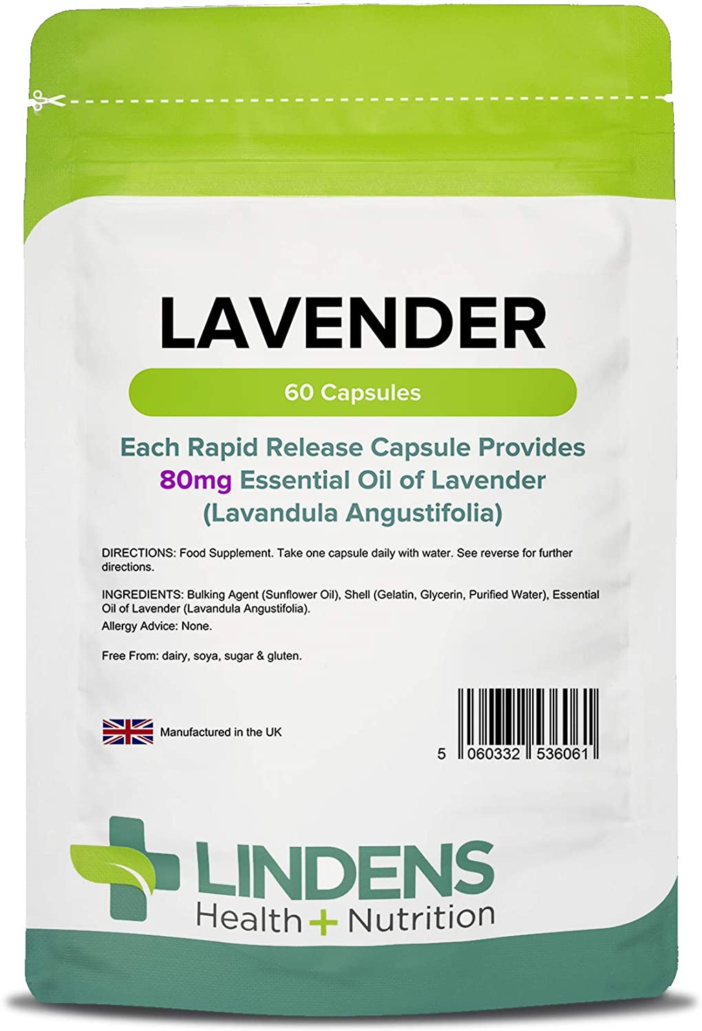 Lindens, Lavender Essential Oil 80mg, 60 Capsules, 1 a Day, UK Made, Rapid Release Softgel Capsule, Stress Relief, Relaxation