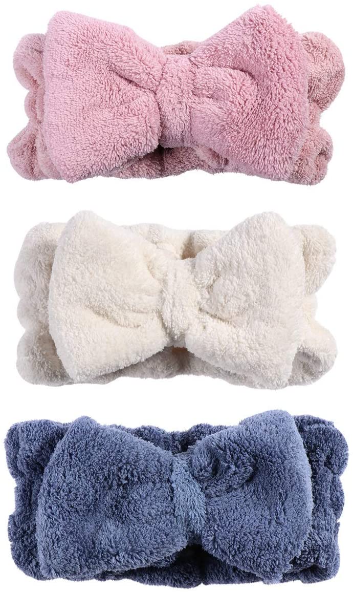 Frcolor Bowknot Hair Bands Elastic Coral Plush Make-up Face Wash Shower Headband for Women Girl 3Pcs (Blue Pink White)