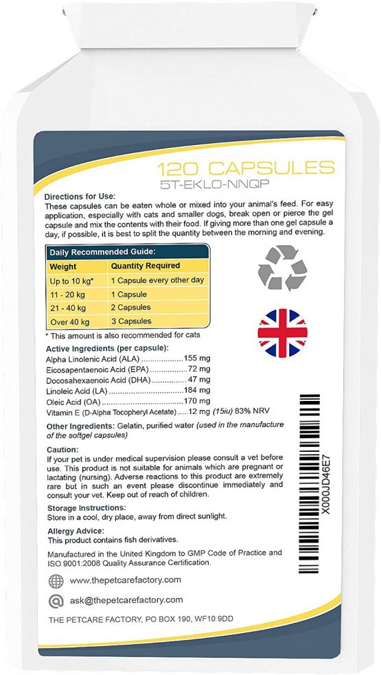 The Petcare Factory Omega Plus Skin & Coat Supplement For Dogs and Cats, Triple Action Omega 3, 6 & 9 With Added Vitamin E, 120 Softgel Capsules 1000mg, Human Grade Ingredients, UK Manufactured - Image 2