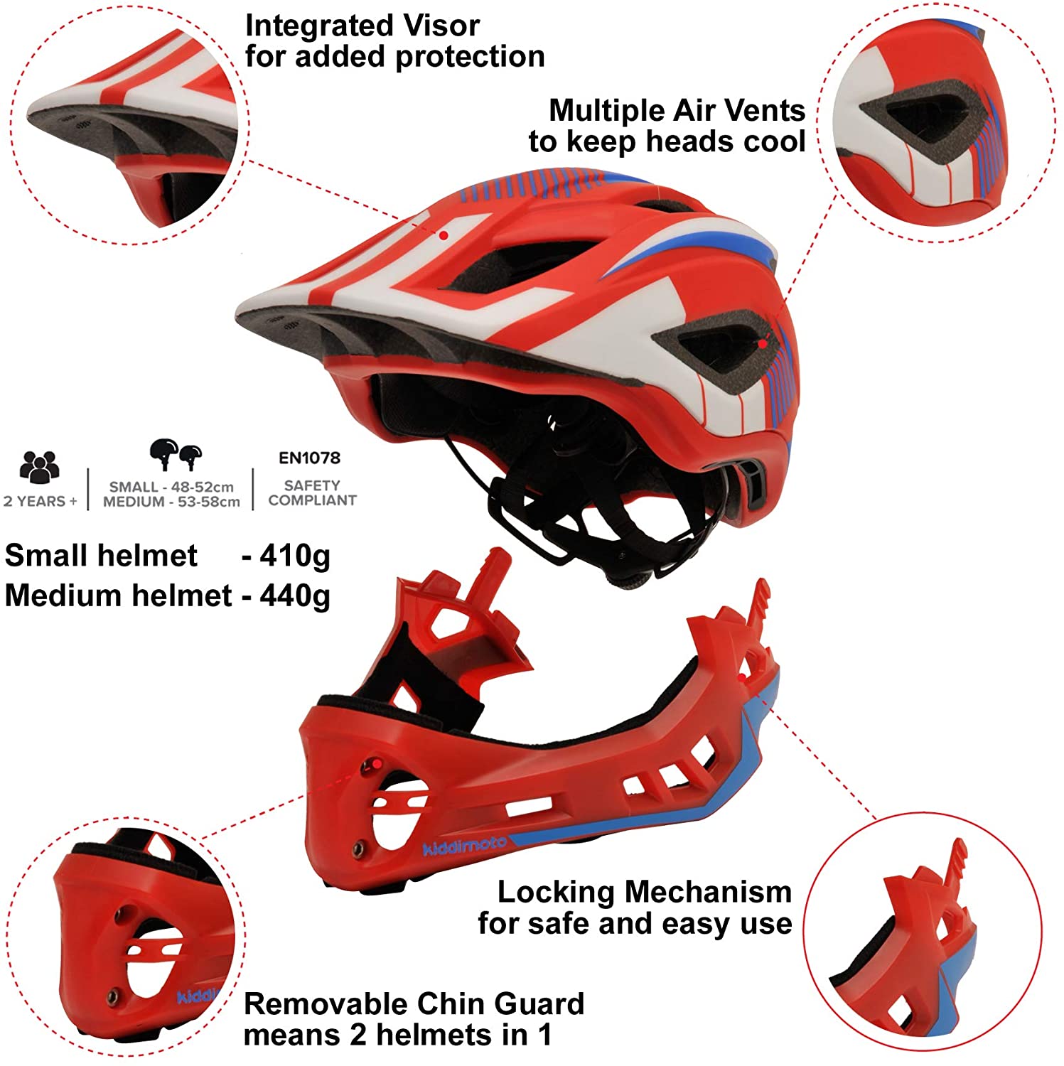 Kiddimoto Kids Full Face Bike Helmet, Detachable Chin Guard Lightweight For Kids Safety Of Boys And Girls Age 2 to 10 years - Image 2