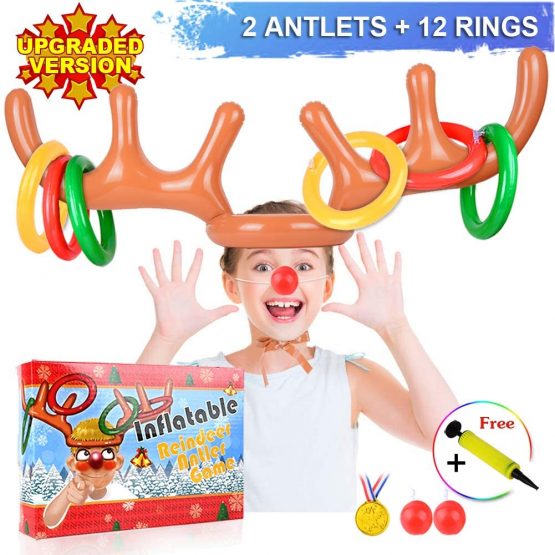 AniSqui Inflatable Reindeer Antler Game, 2 Inflatable Antler, 12 Rings Inflatable Reindeer Ring Toss Christmas Party Games, Christmas Family Games