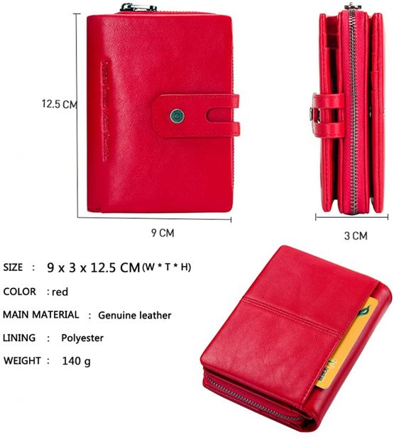 Contacts Real Leather Womens Bifold Trifold Wallet Multifunction Card Holder Clutch Travel Purse with Zipper Coin Pocket (Red) - Image 3