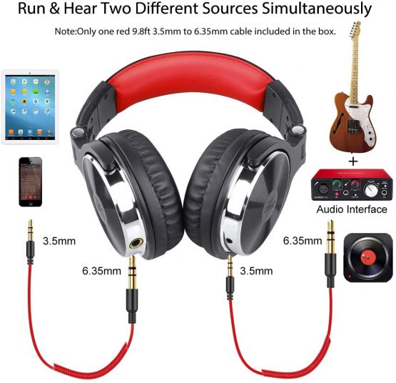 OneOdio Wired Over Ear Headphones Hi-Fi Sound & Bass Boosted headphone with 50mm Neodymium Drivers and 1/4 to 3.5mm Audio Jack for Studio DJ AMP Recording Monitoring Phones Laptop (Red) - Image 3