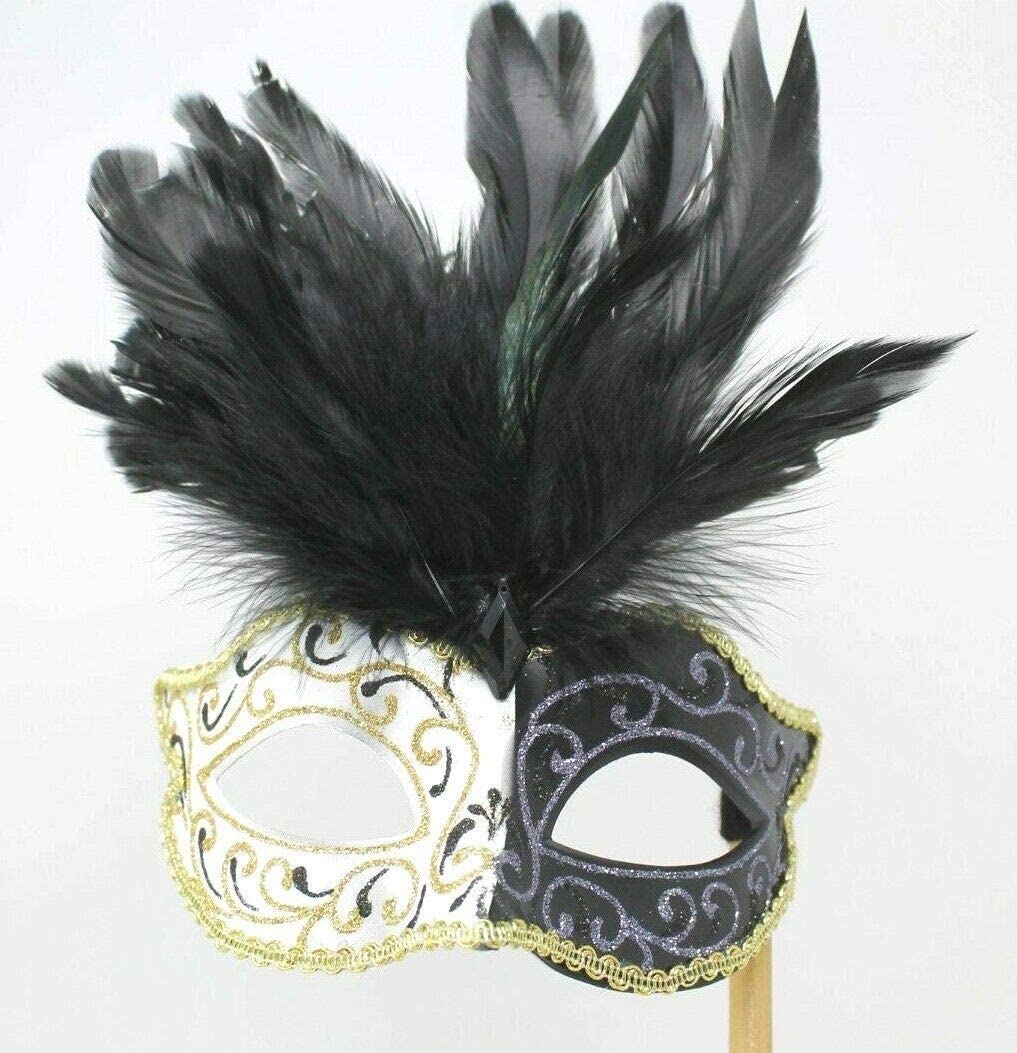 BLACK IVORY & GOLD VENETIAN MASQUERADE PARTY EYE MASK WITH LONG FEATHERS ON A STICK, 7cm Deep Exc Feathers - Image 4