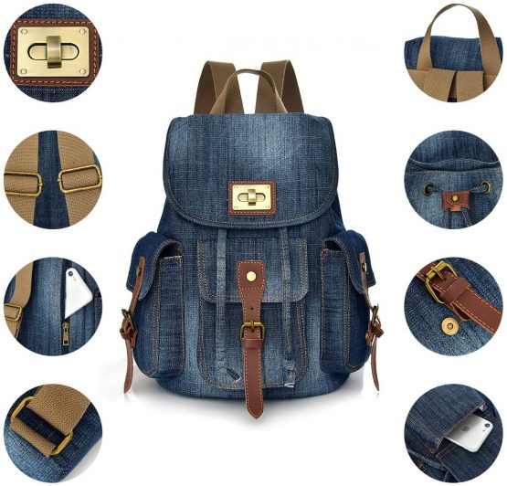 CHEREEKI Backpack, Vintage Jeans Canvas Backpack with Multiple Pockets Fits 14 Inch Laptop for Daypack Casual School and Travel - Image 3