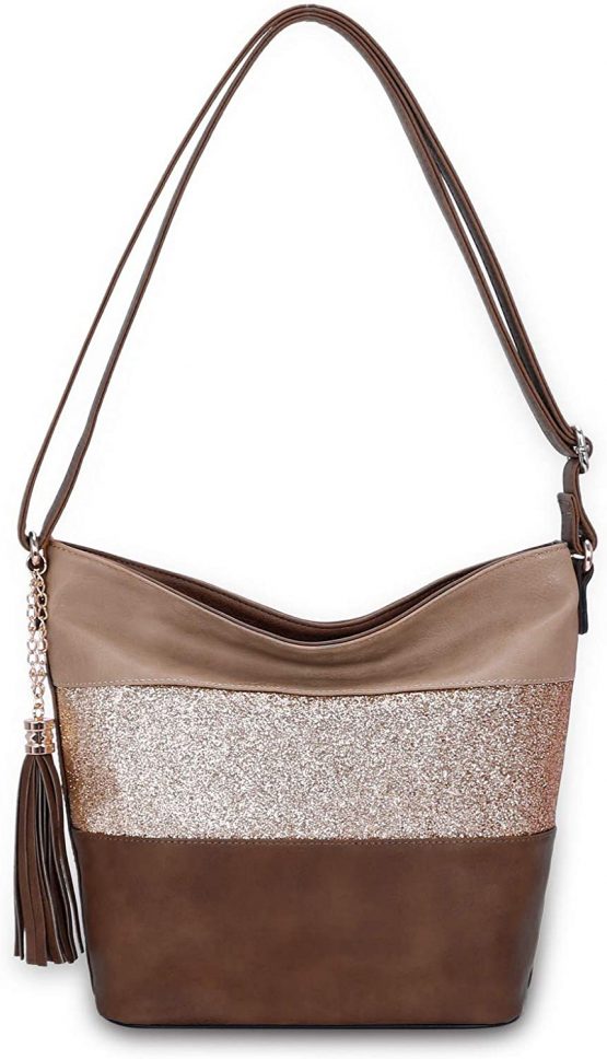 CRAZYCHIC Women’s Glitter Crossbody Bag Hobo Bucket Bag Striped PU