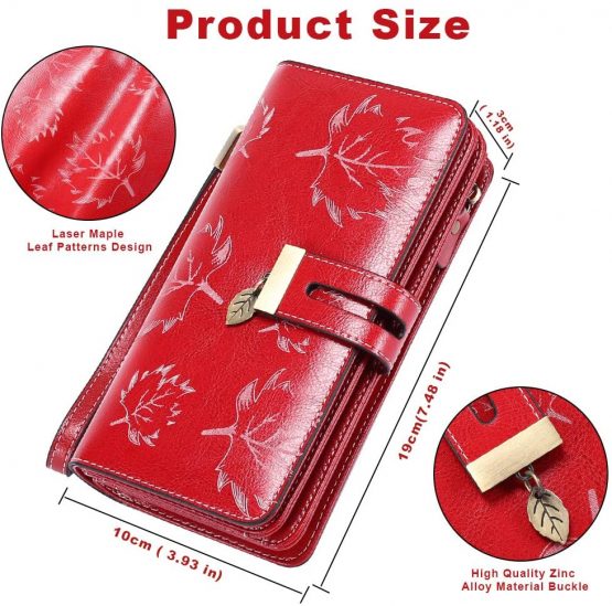 LUROON Ladies Purse RFID Blocking Women Purses Large Capacity Ladies Leather Wallets with 24 Credit Card Slots, Ladies Clutch Long Wallet with Zipper Pocket & Wrist Strap (Red 02) - Image 2