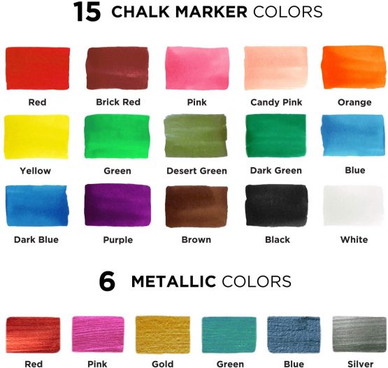 Chalk Pens & Metallic Colours (Pack of 21) Neon Chalk Markers - Erasable Dry Erase Marker Pens for Blackboards, Chalkboard, Window, Glass | 6mm Reversible Bullet & Chisel Tip - Image 2