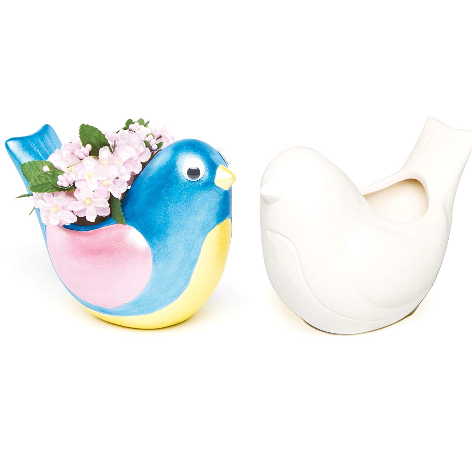 Baker Ross AG193 Ready To Paint Bird Ceramic Plant Pots, For Kids To Decorate and Display (Box Of 4), Assorted, Pack of 4