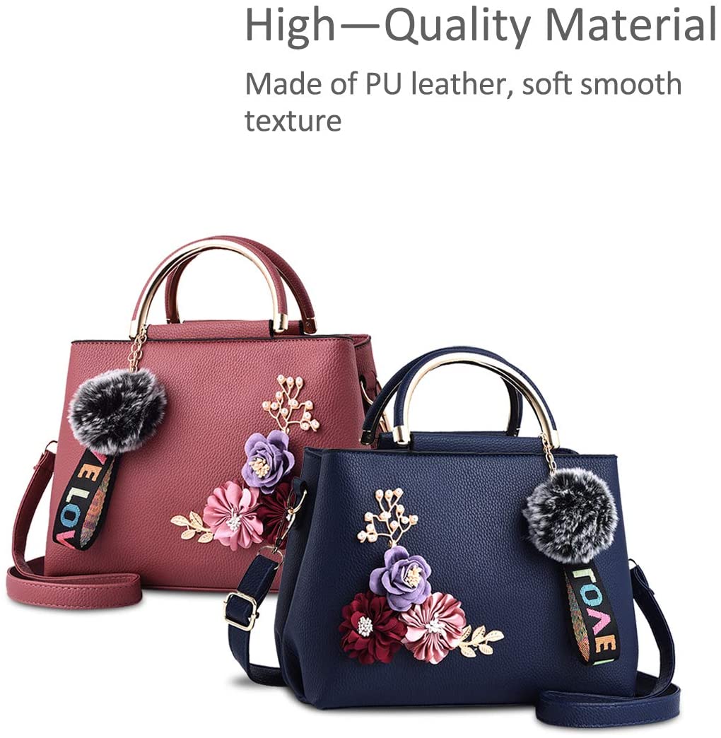 NICOLE & DORIS Women Leather Handbag Shoulder Bags with Flower Vintage Handle Bag Designer Tote Purse with Pompom Dark Blue - Image 3