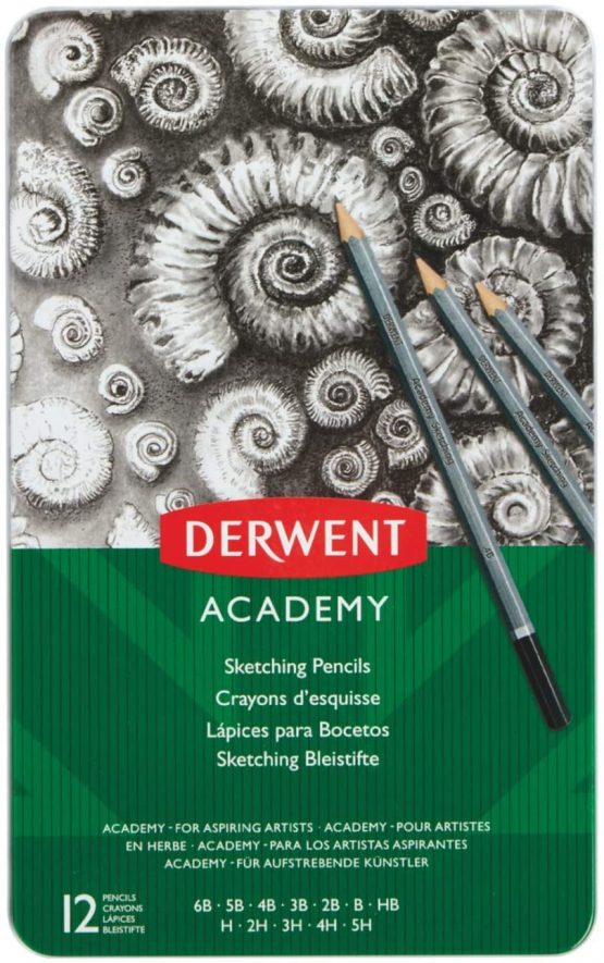 Derwent 2301946 Academy Graphite Sketching Pencils, Tin Box, 6B-5H Degree, , Set of 12