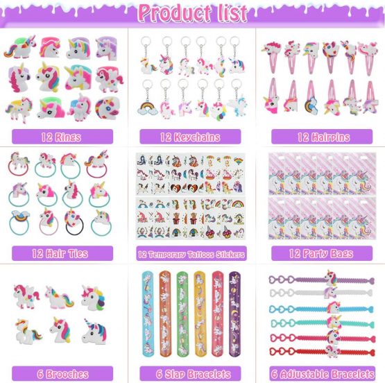 Anpro 90pcs Unicorn Party Bags Filler,Unicorn Pinatas Filler,Contains 9 Different Unicorn Goods(Hairpin，Slap Bracelets，Keychain，Temporary Tattoos Sticker and so on),Suitable for 3+ Girls - Image 2